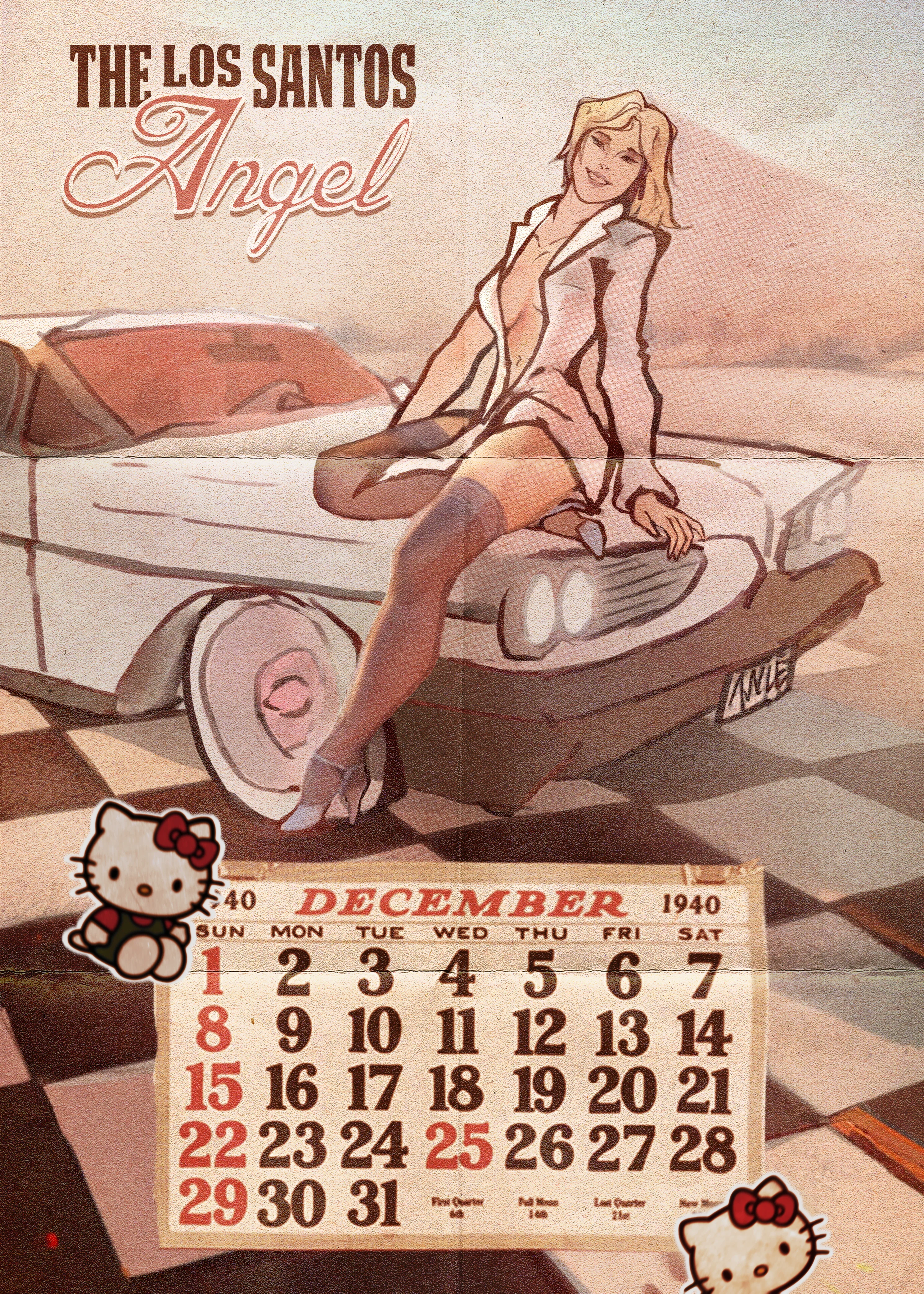 A vintage-style poster for The Los Santos Angel calendar, featuring a blonde chick with a curvy bod rocking a white jacket, black skirt, and stockings. She's perched on a classic car. The backdrop is a pastel checkered floor. The calendar's got a 30-day grid from December 1 to 31. The style screams 1950s pin-up vibes.